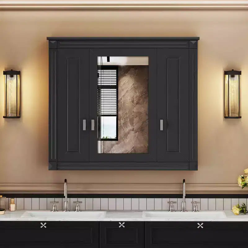 MAYEERTY Armoire murale de salle de bain avec miroir, armoire à pharmacie murale avec 4 étagères Noir