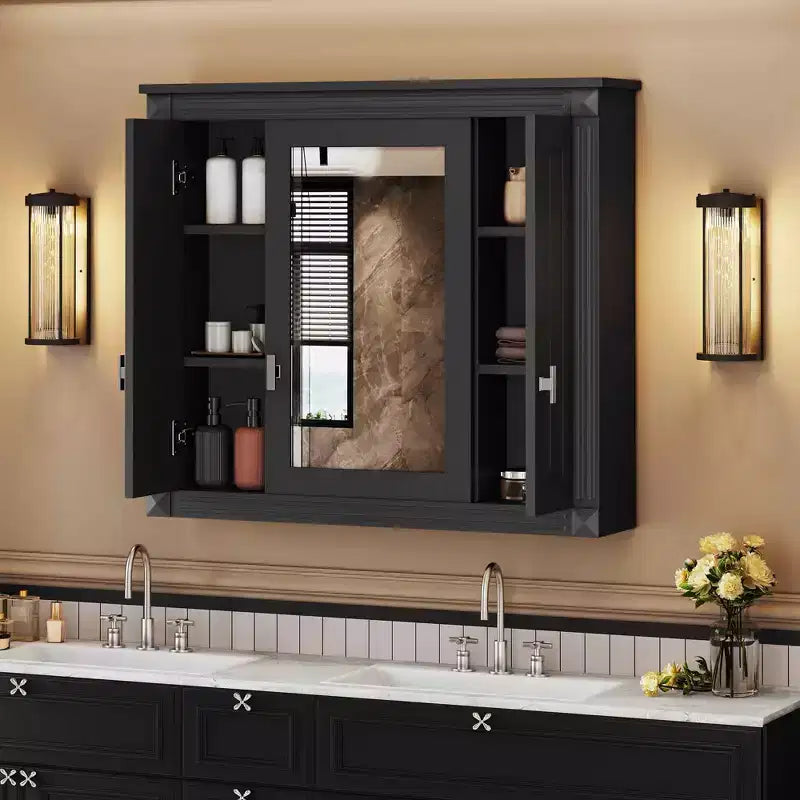 MAYEERTY Armoire murale de salle de bain avec miroir, armoire à pharmacie murale avec 4 étagères Noir