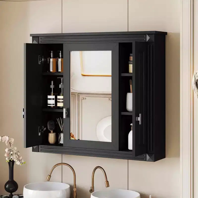 MAYEERTY Armoire murale de salle de bain avec miroir, armoire à pharmacie murale avec 4 étagères Noir