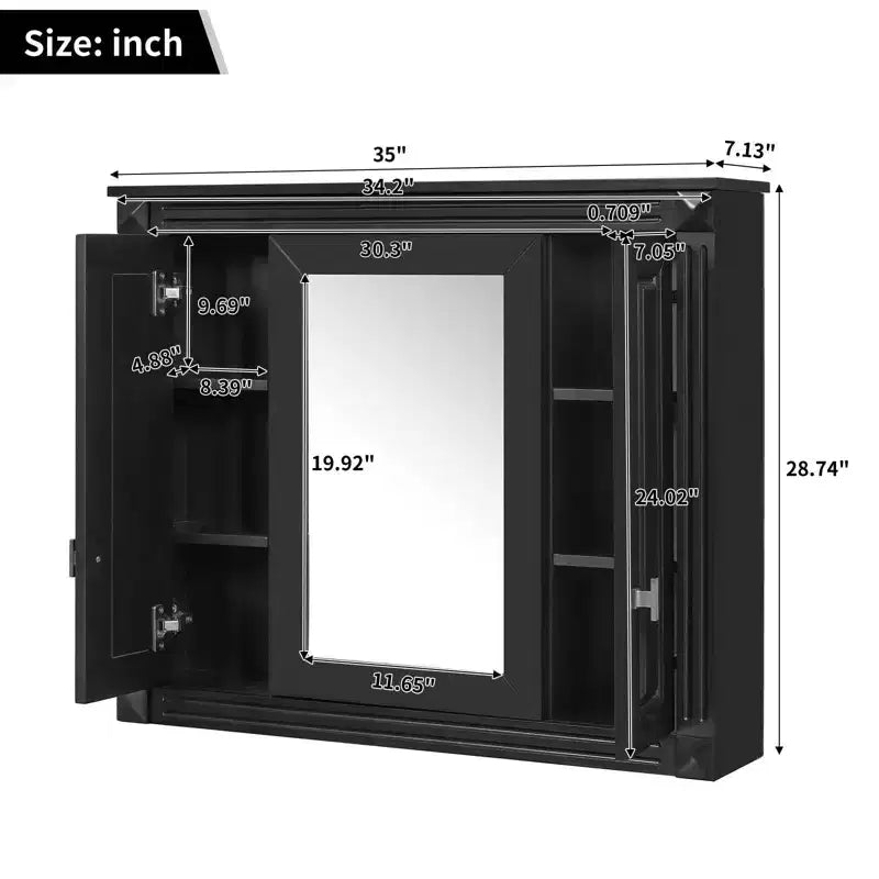 MAYEERTY Armoire murale de salle de bain avec miroir, armoire à pharmacie murale avec 4 étagères Noir