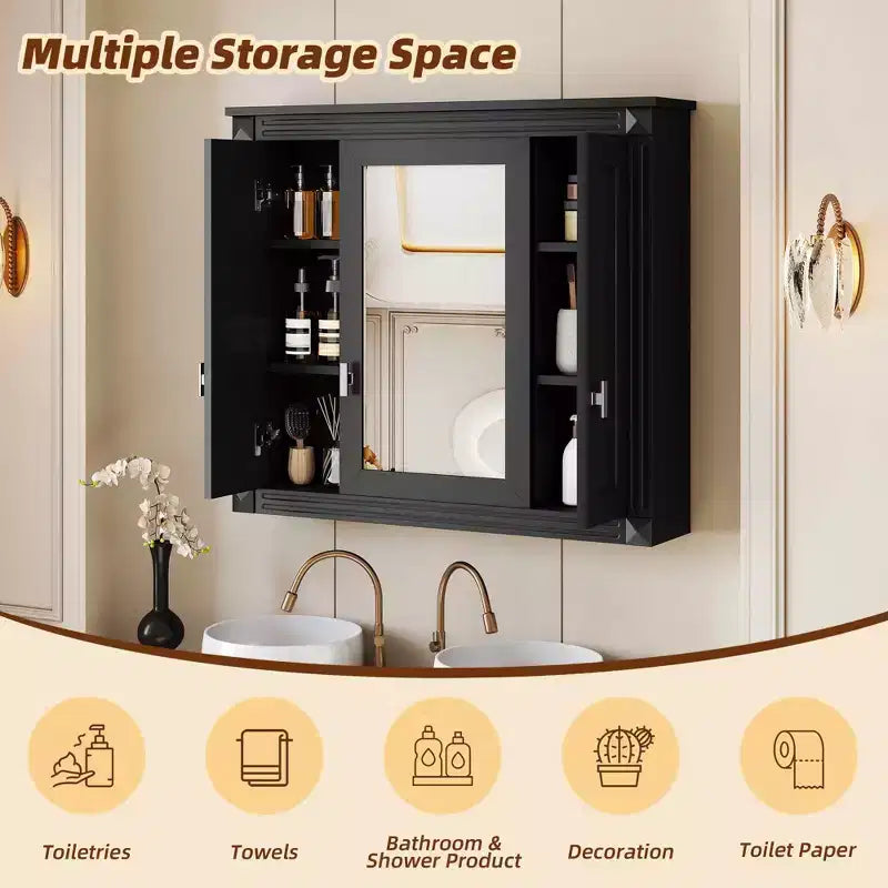 MAYEERTY Armoire murale de salle de bain avec miroir, armoire à pharmacie murale avec 4 étagères Noir