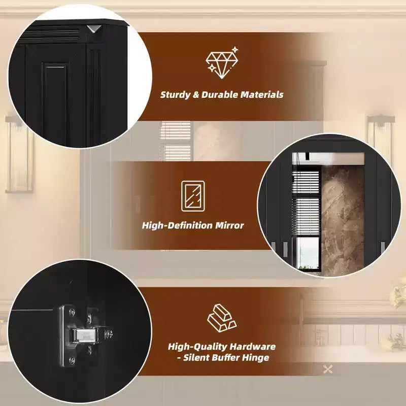 MAYEERTY Armoire murale de salle de bain avec miroir, armoire à pharmacie murale avec 4 étagères Noir