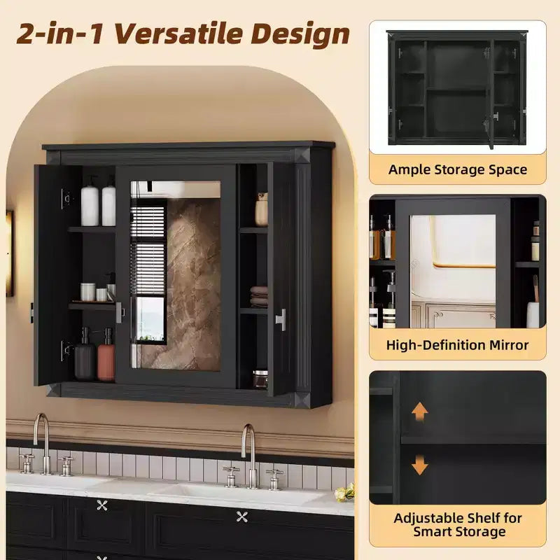 MAYEERTY Armoire murale de salle de bain avec miroir, armoire à pharmacie murale avec 4 étagères Noir