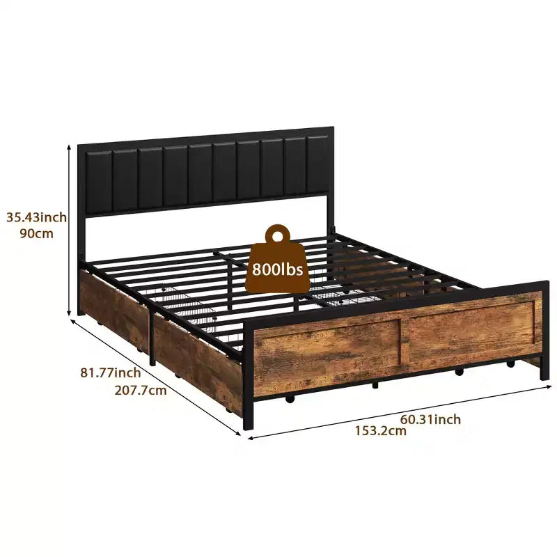 Cadre de lit Dyonery Queen Size avec 4 tiroirs de rangement et tête de lit, cadre de lit rustique en métal avec grand espace de rangement, pas besoin de sommier tapissier, sans bruit