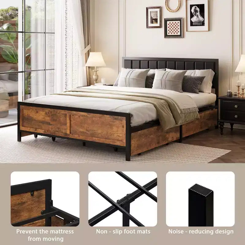 Cadre de lit Dyonery Queen Size avec 4 tiroirs de rangement et tête de lit, cadre de lit rustique en métal avec grand espace de rangement, pas besoin de sommier tapissier, sans bruit