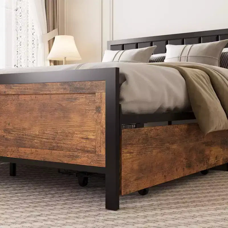 Cadre de lit Dyonery Queen Size avec 4 tiroirs de rangement et tête de lit, cadre de lit rustique en métal avec grand espace de rangement, pas besoin de sommier tapissier, sans bruit