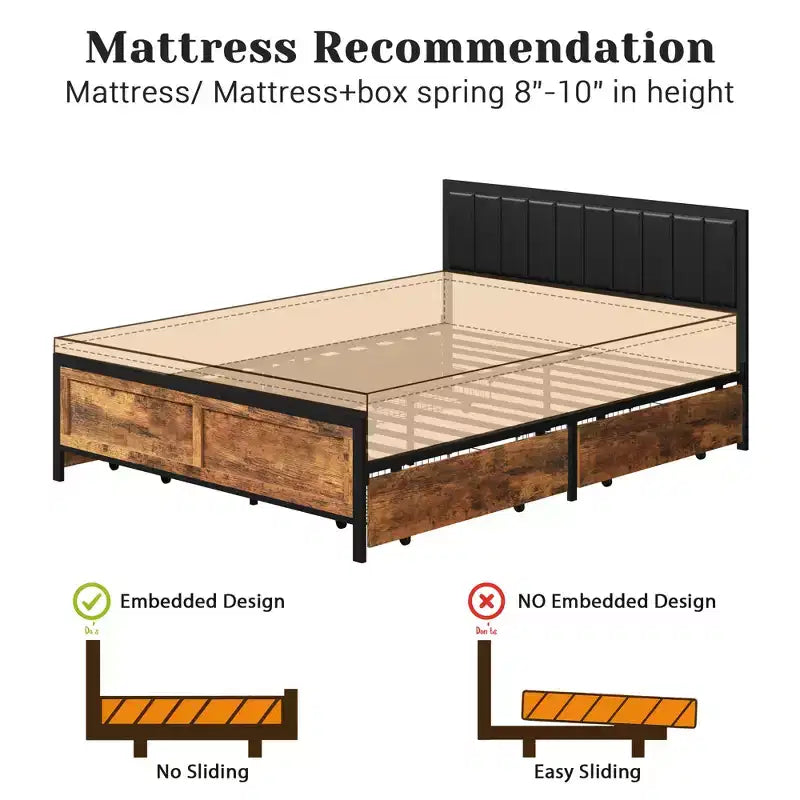 Cadre de lit Dyonery Queen Size avec 4 tiroirs de rangement et tête de lit, cadre de lit rustique en métal avec grand espace de rangement, pas besoin de sommier tapissier, sans bruit