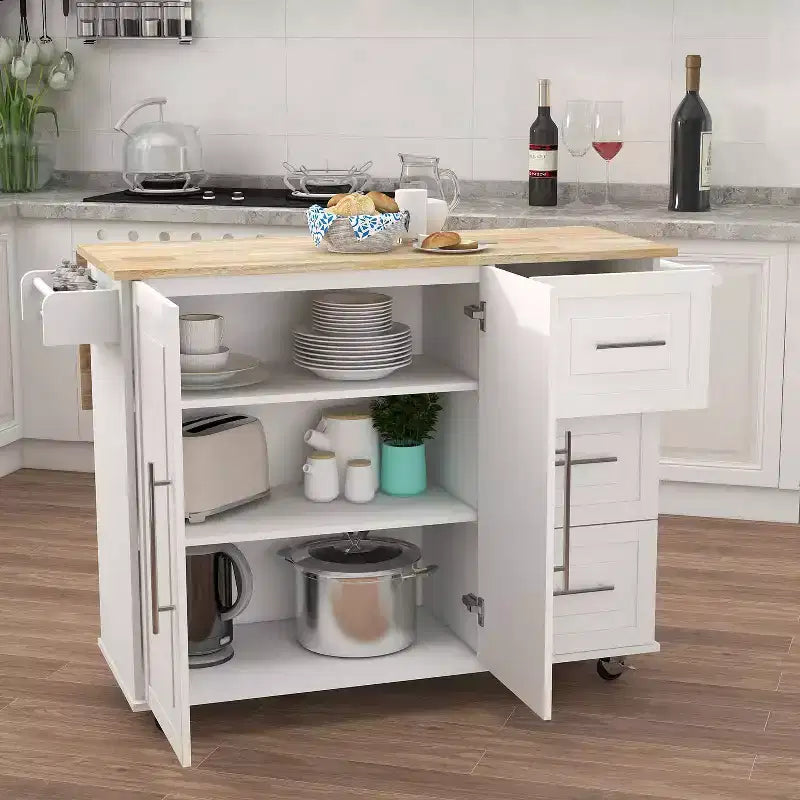 MAYEERTY Îlot de cuisine blanc, plan de travail extensible en bois massif, étagère à épices, porte-serviettes