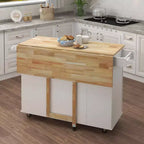 MAYEERTY Îlot de cuisine blanc, plan de travail extensible en bois massif, étagère à épices, porte-serviettes