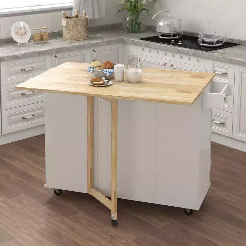 MAYEERTY Îlot de cuisine blanc, plan de travail extensible en bois massif, étagère à épices, porte-serviettes