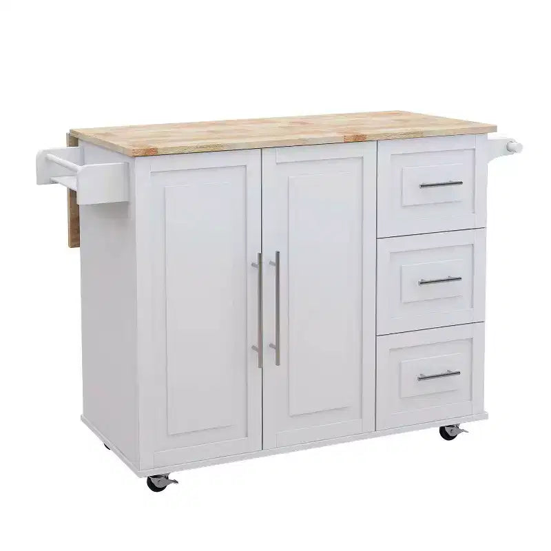 MAYEERTY Îlot de cuisine blanc, plan de travail extensible en bois massif, étagère à épices, porte-serviettes
