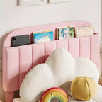 Lit enfant double rembourré avec tête de lit bibliothèque et grand tiroir de rangement - Silencieux, lattes en bois, pas besoin de sommier tapissier