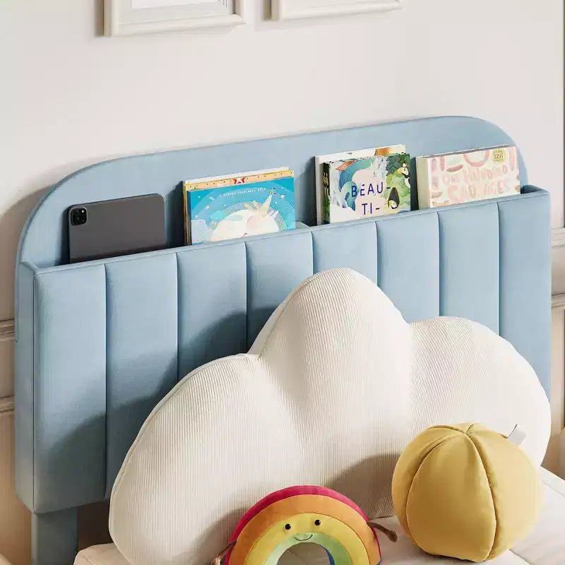 Lit enfant double rembourré avec tête de lit bibliothèque et grand tiroir de rangement - Silencieux, lattes en bois, pas besoin de sommier tapissier
