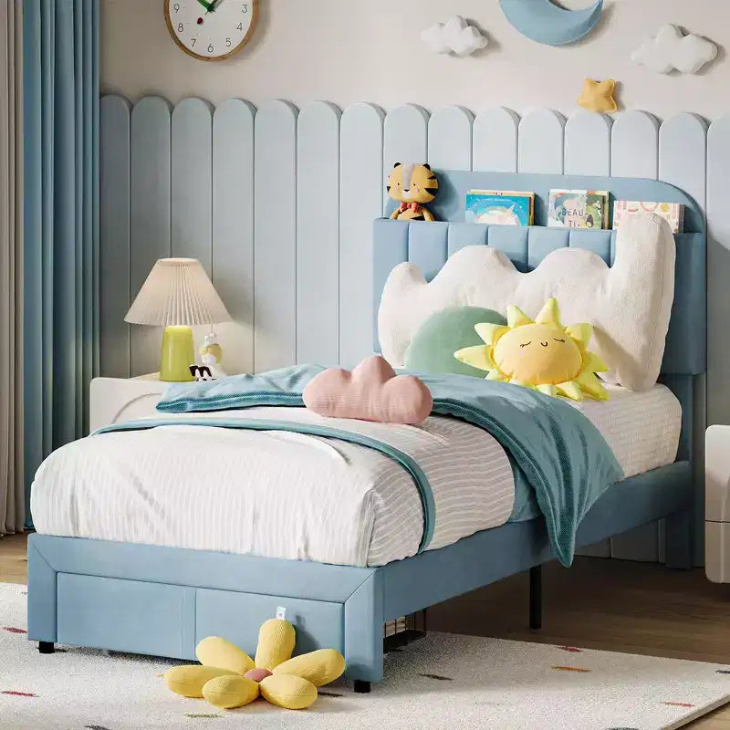Twin Upholstered Kids Bed Frame with Bookcase Headboard & Large Storage Drawer - Quiet,Wood Slat Support, No Box Spring Needed