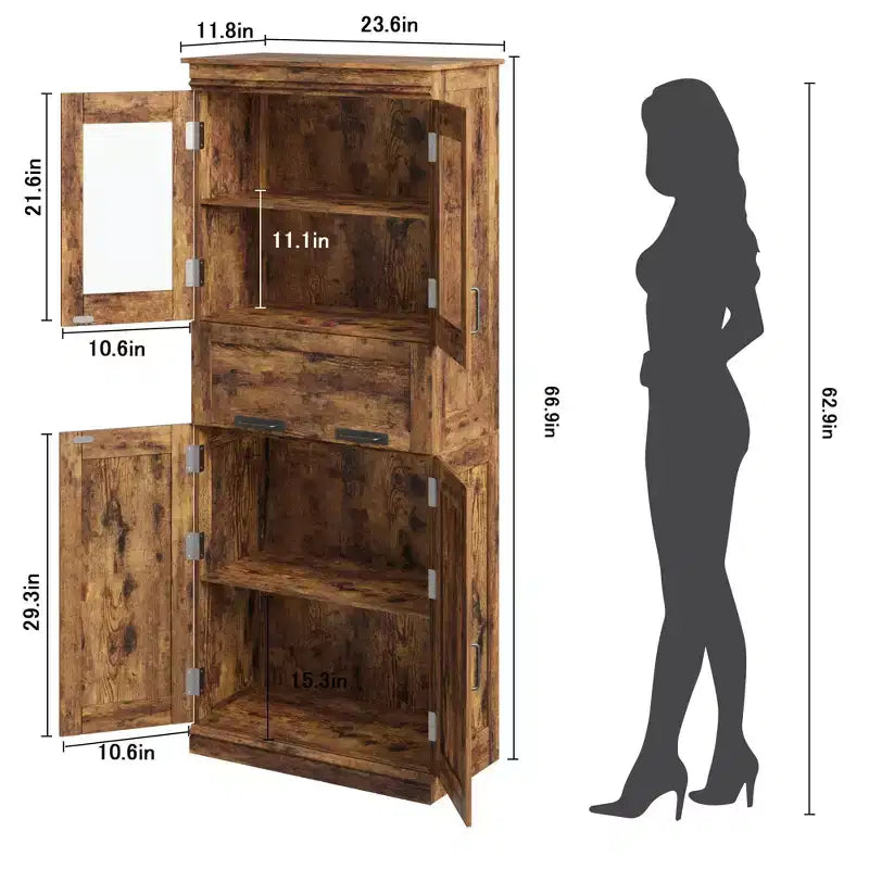 Grand garde-manger de 170 cm, armoire de rangement en bois avec portes vitrées, meuble de rangement pour salle de bain, vitrine pour salon et cuisine