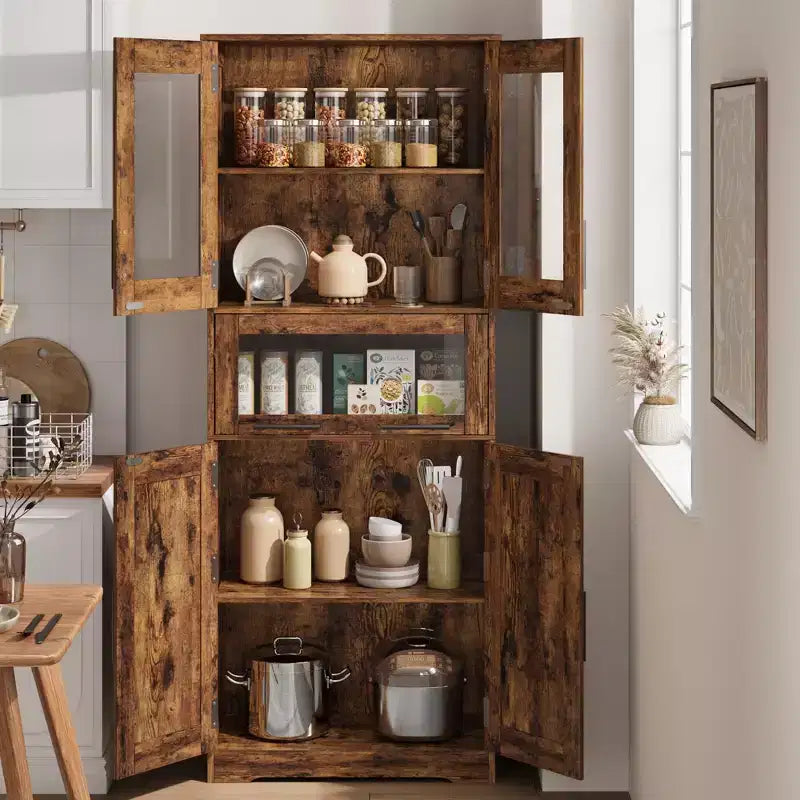 Grand garde-manger de 170 cm, armoire de rangement en bois avec portes vitrées, meuble de rangement pour salle de bain, vitrine pour salon et cuisine