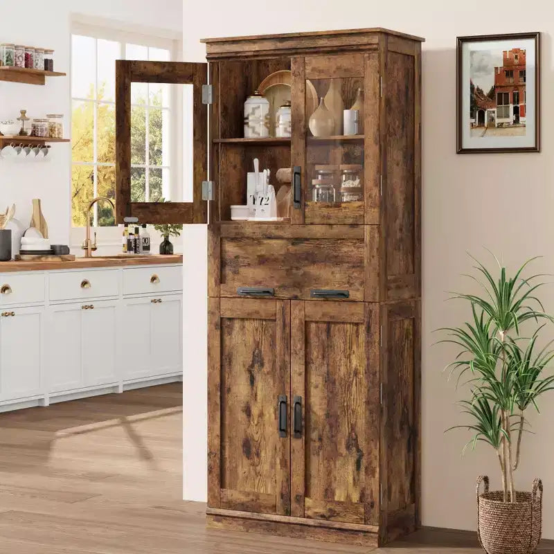 Grand garde-manger de 170 cm, armoire de rangement en bois avec portes vitrées, meuble de rangement pour salle de bain, vitrine pour salon et cuisine