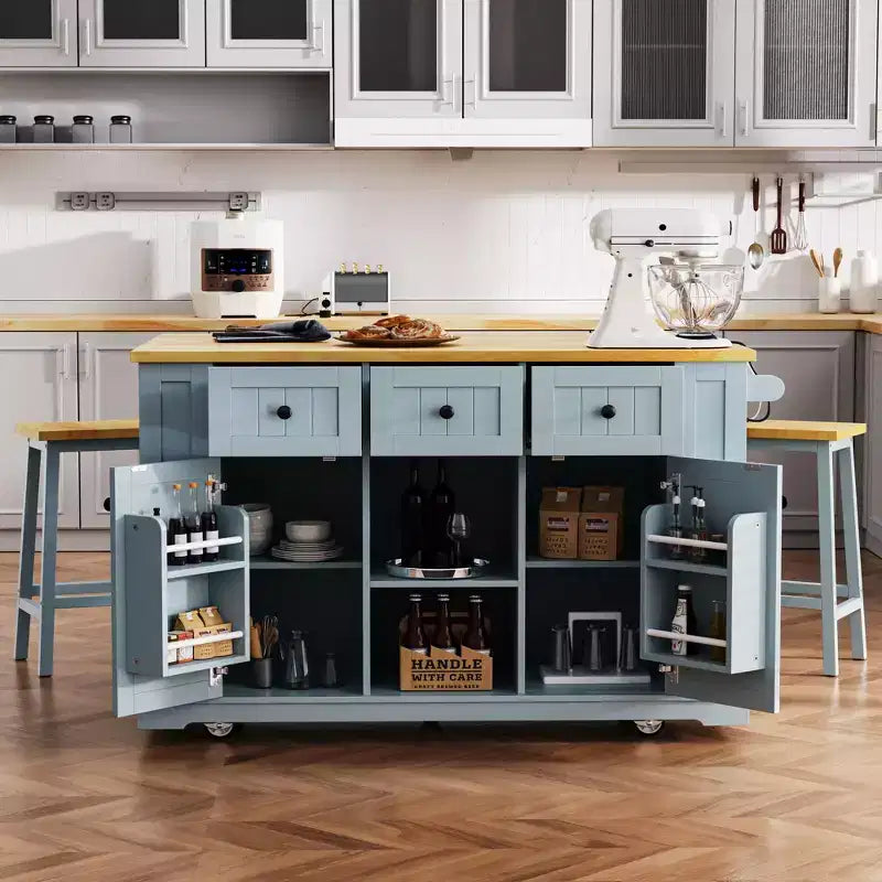 K&K 53inch Large Kitchen Island with Drop Leaf,Power Outlet,Door Internal Storage Rack,Rolling Kitchen Cart on 5 Wheels with 5 Open Side Racks