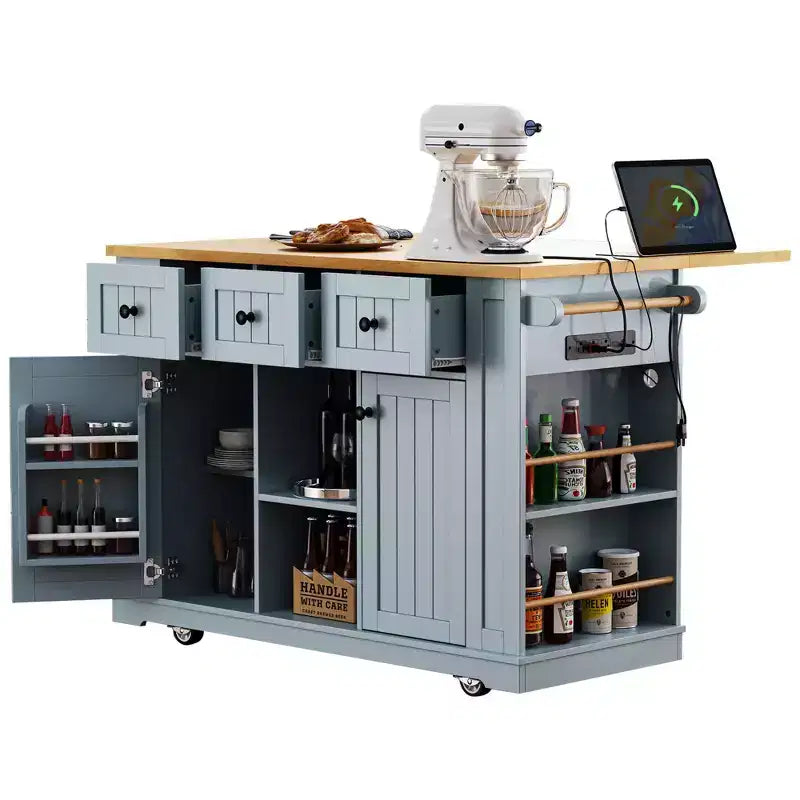 K&K Grand îlot de cuisine de 53 pouces avec rabat pliant, prise de courant, étagère de rangement interne de porte, chariot de cuisine roulant sur 5 roues avec 5 étagères latérales ouvertes