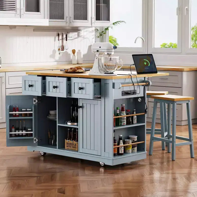 K&K Grand îlot de cuisine de 53 pouces avec rabat pliant, prise de courant, étagère de rangement interne de porte, chariot de cuisine roulant sur 5 roues avec 5 étagères latérales ouvertes