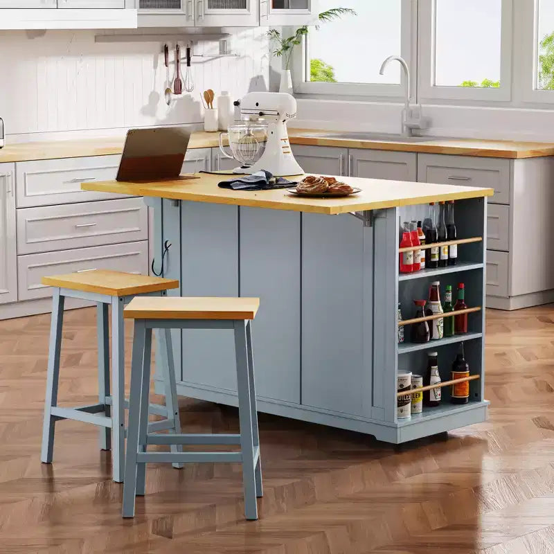 K&K Grand îlot de cuisine de 53 pouces avec rabat pliant, prise de courant, étagère de rangement interne de porte, chariot de cuisine roulant sur 5 roues avec 5 étagères latérales ouvertes