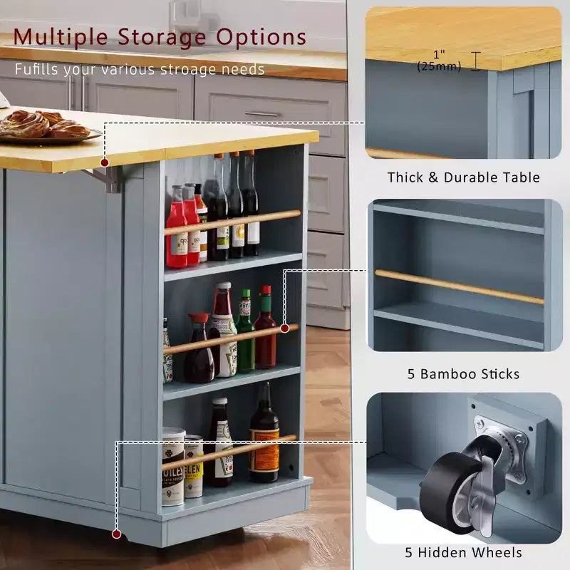 K&K Grand îlot de cuisine de 53 pouces avec rabat pliant, prise de courant, étagère de rangement interne de porte, chariot de cuisine roulant sur 5 roues avec 5 étagères latérales ouvertes