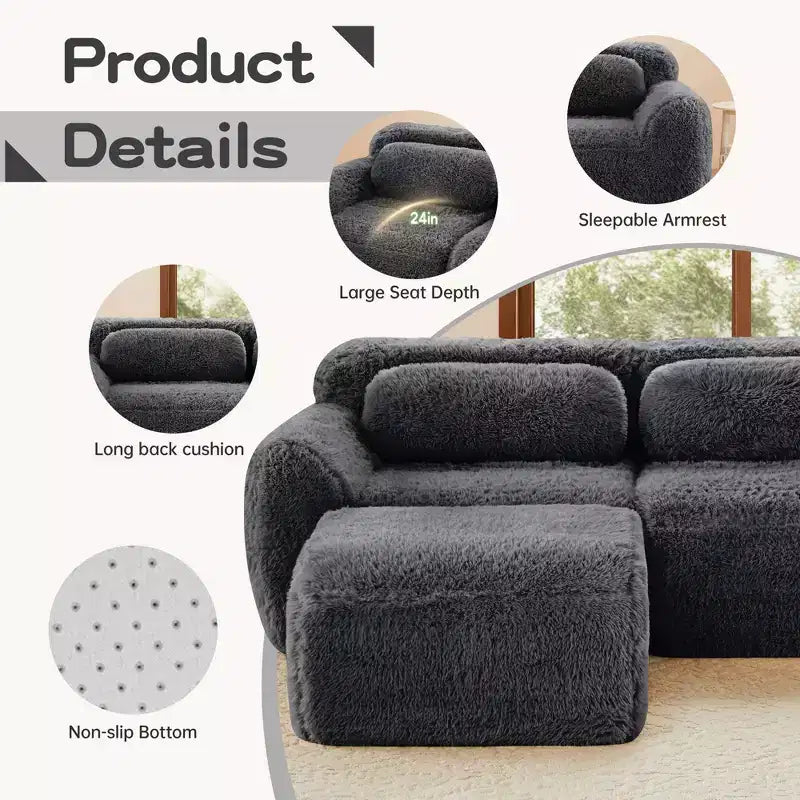 Canapé d'angle en tissu peluche kaki clair de 80,3 pouces avec coussins et 2 poufs, éponge haute densité 32D
