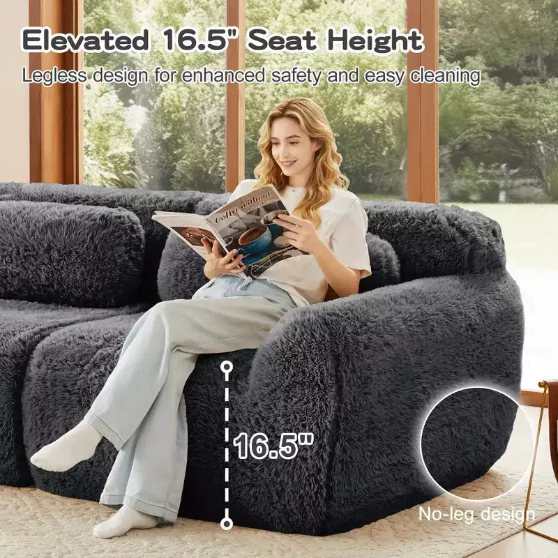 Canapé d'angle en tissu peluche kaki clair de 80,3 pouces avec coussins et 2 poufs, éponge haute densité 32D