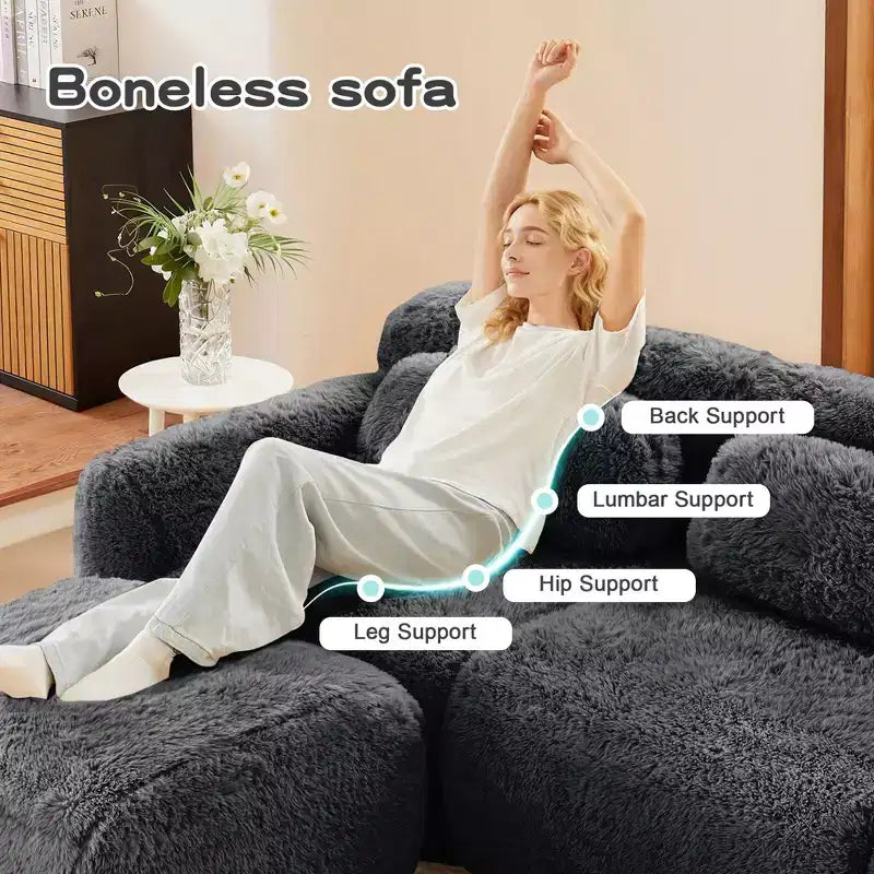 Canapé d'angle en tissu peluche kaki clair de 80,3 pouces avec coussins et 2 poufs, éponge haute densité 32D