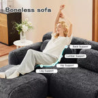 Canapé d'angle en tissu peluche kaki clair de 80,3 pouces avec coussins et 2 poufs, éponge haute densité 32D