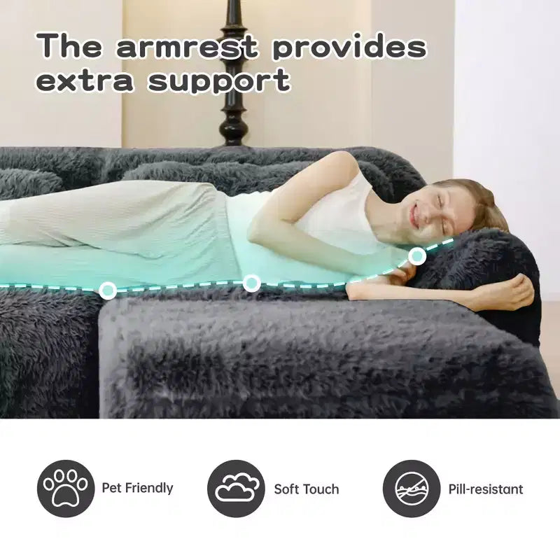 Canapé d'angle en tissu peluche kaki clair de 80,3 pouces avec coussins et 2 poufs, éponge haute densité 32D