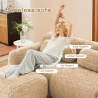 Canapé d'angle en tissu peluche kaki clair de 80,3 pouces avec coussins et 2 poufs, éponge haute densité 32D
