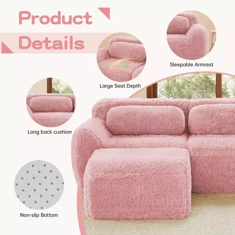 Canapé d'angle en tissu peluche kaki clair de 80,3 pouces avec coussins et 2 poufs, éponge haute densité 32D