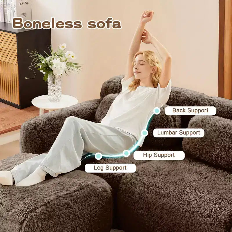 Canapé d'angle en tissu peluche kaki clair de 80,3 pouces avec coussins et 2 poufs, éponge haute densité 32D