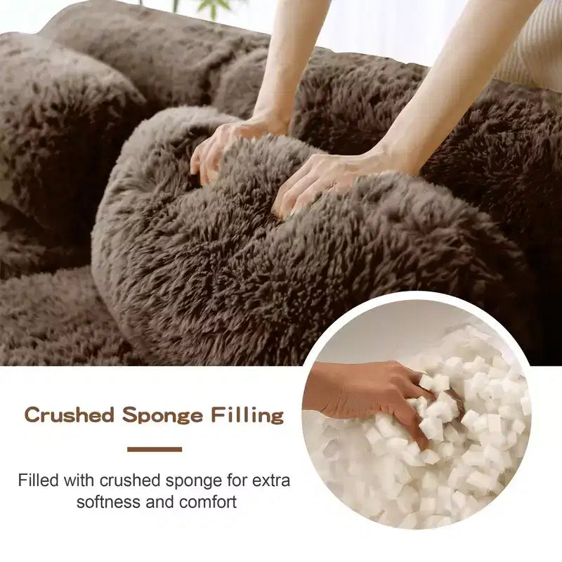 Canapé d'angle en tissu peluche kaki clair de 80,3 pouces avec coussins et 2 poufs, éponge haute densité 32D