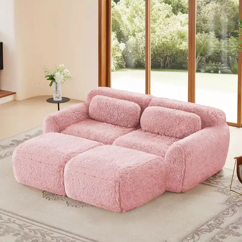 Canapé d'angle en tissu peluche kaki clair de 80,3 pouces avec coussins et 2 poufs, éponge haute densité 32D