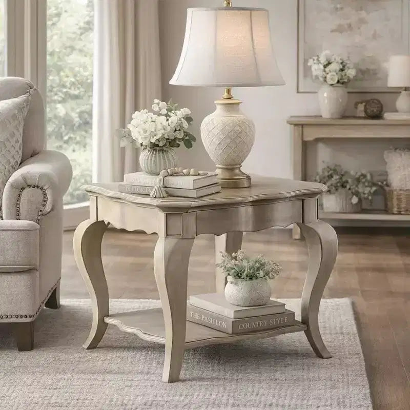 Table d'appoint en bois Royal Hampton avec étagère inférieure, finition taupe argent vieilli
