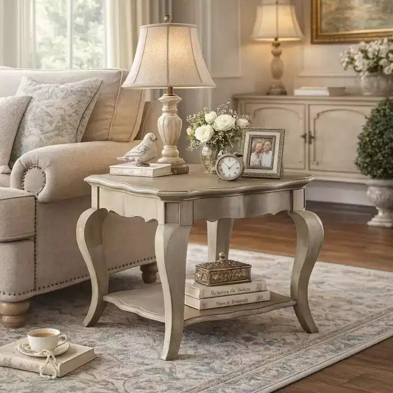 Table d'appoint en bois Royal Hampton avec étagère inférieure, finition taupe argent vieilli