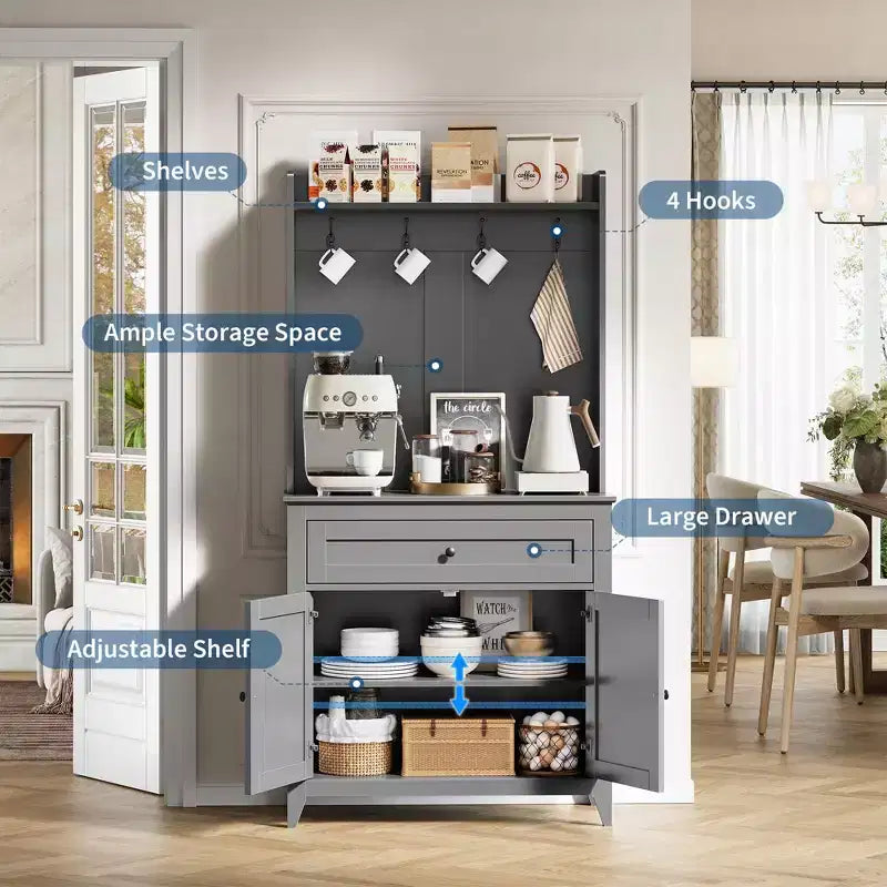 Meuble micro-ondes de 160 cm avec tiroirs, buffet de cuisine avec prise électrique et étagères réglables pour articles de garde-manger et petits appareils électroménagers