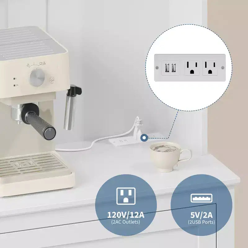 Meuble micro-ondes de 160 cm avec tiroirs, buffet de cuisine avec prise électrique et étagères réglables pour articles de garde-manger et petits appareils électroménagers