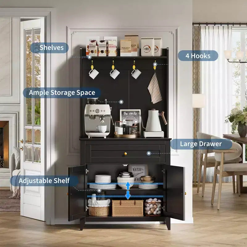 Meuble micro-ondes de 160 cm avec tiroirs, buffet de cuisine avec prise électrique et étagères réglables pour articles de garde-manger et petits appareils électroménagers
