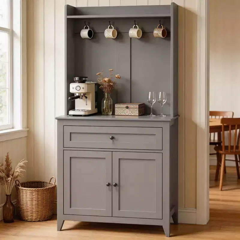 Meuble micro-ondes de 160 cm avec tiroirs, buffet de cuisine avec prise électrique et étagères réglables pour articles de garde-manger et petits appareils électroménagers