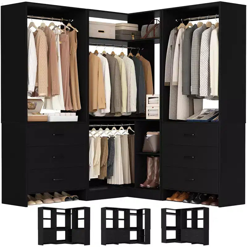 Besiost 81-Ensemble de système de placard avec tiroirs en bois, Organisateur de placard d'angle avec tringles de suspension