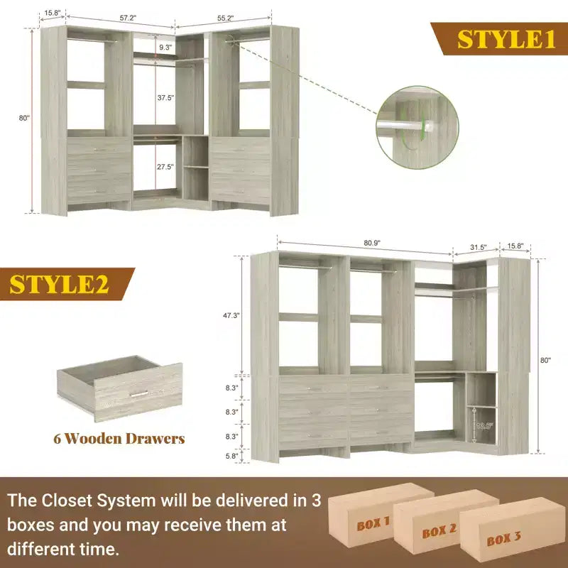 Besiost 81-Ensemble de système de placard avec tiroirs en bois, Organisateur de placard d'angle avec tringles de suspension