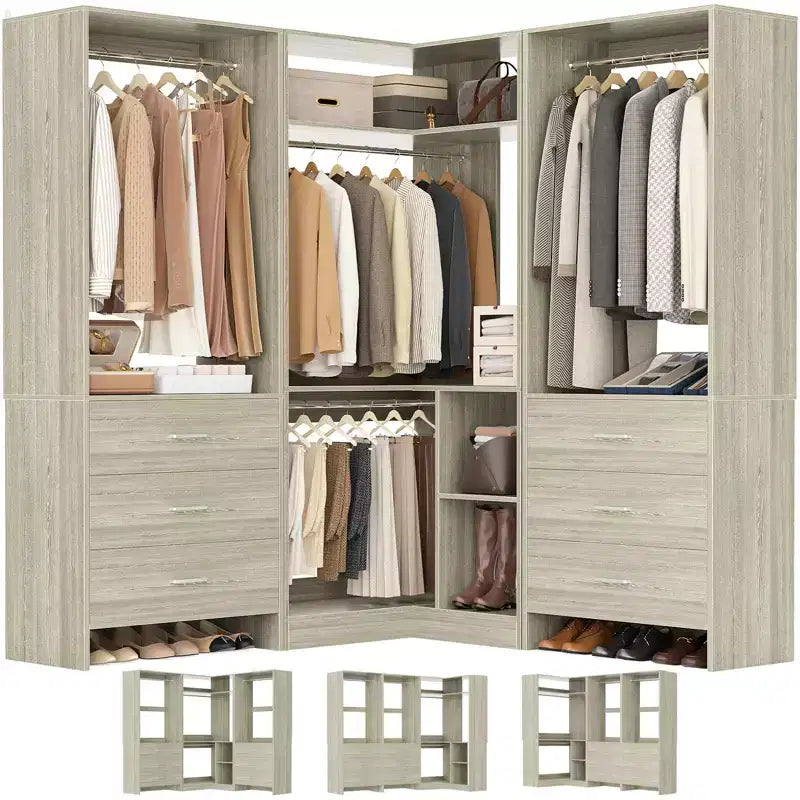 Besiost 81-Ensemble de système de placard avec tiroirs en bois, Organisateur de placard d'angle avec tringles de suspension