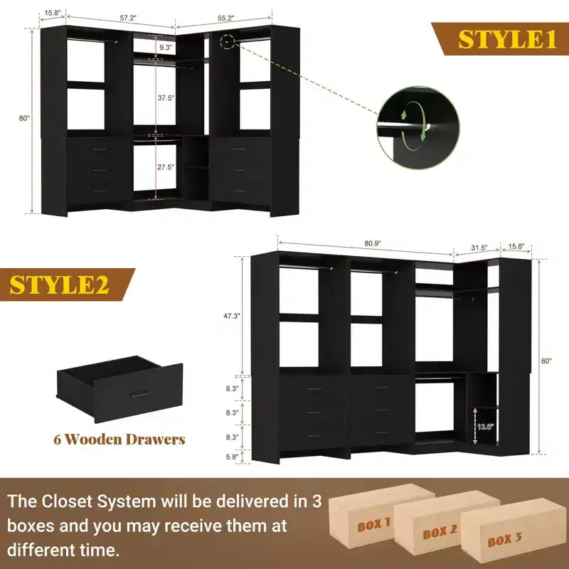 Besiost 81-Ensemble de système de placard avec tiroirs en bois, Organisateur de placard d'angle avec tringles de suspension