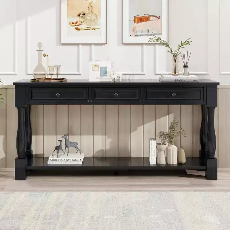 Console étroite et longue avec rangement, table d'entrée rétro en bois avec 3 tiroirs et étagère inférieure, table d'appoint en bois pour salon et couloir