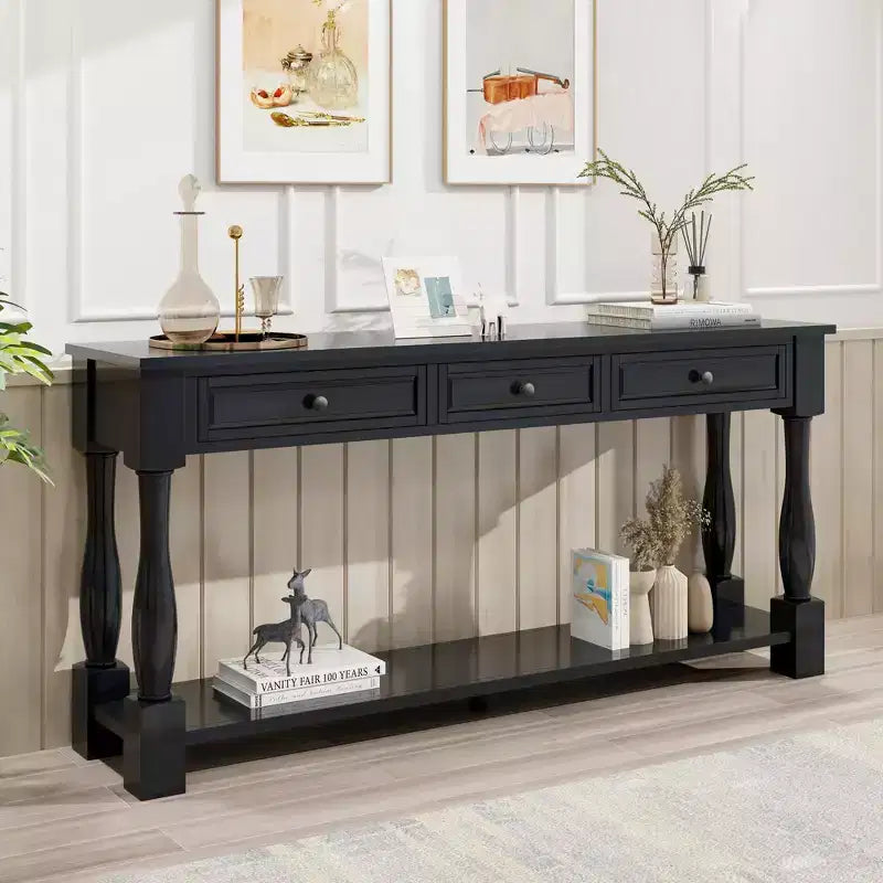 Console étroite et longue avec rangement, table d'entrée rétro en bois avec 3 tiroirs et étagère inférieure, table d'appoint en bois pour salon et couloir