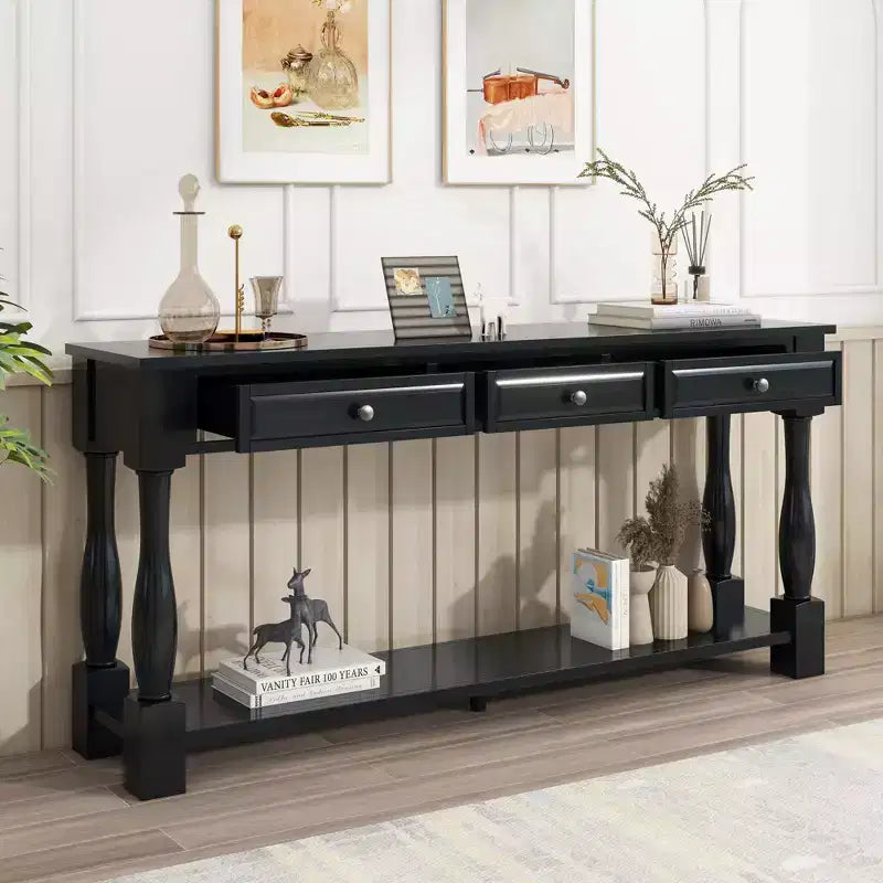 Console étroite et longue avec rangement, table d'entrée rétro en bois avec 3 tiroirs et étagère inférieure, table d'appoint en bois pour salon et couloir