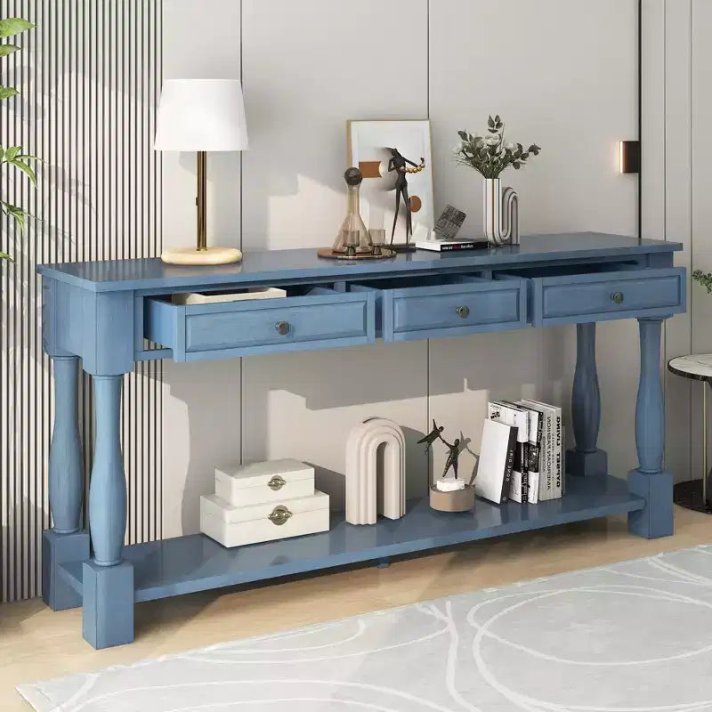 Console étroite et longue avec rangement, table d'entrée rétro en bois avec 3 tiroirs et étagère inférieure, table d'appoint en bois pour salon et couloir